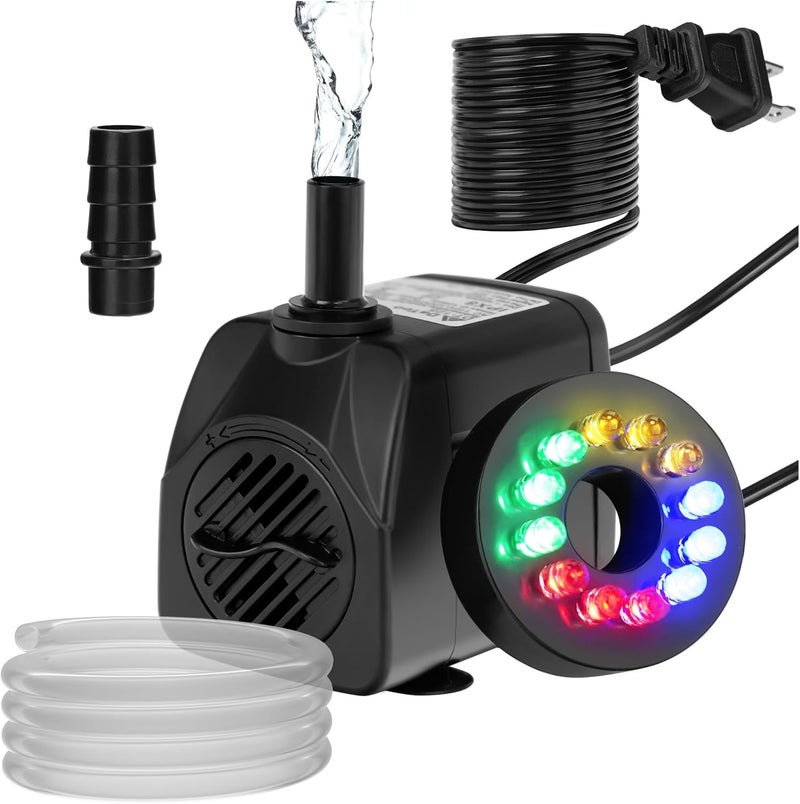 DATOO Mini Submersible Fountain Water Pump With LED Light 160GPH 10W Small Ultra Quiet Water Pump With Tubing For Aquarium Fish Tank Outdoor Pond Water Feature Fountain Statuary - Image 1